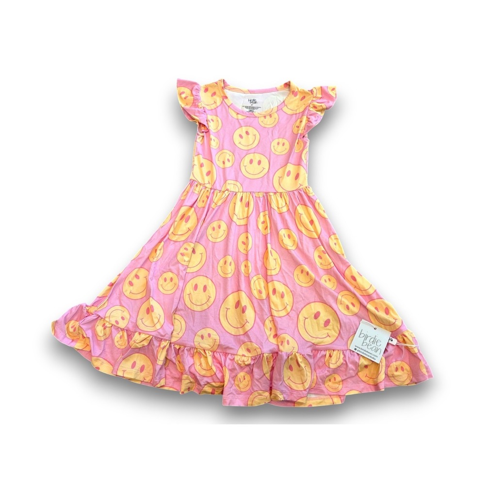 NWT Birdie Bean Dress Pink Yellow Smiley Ruffle Twirl Bamboo Viscose Girls 6